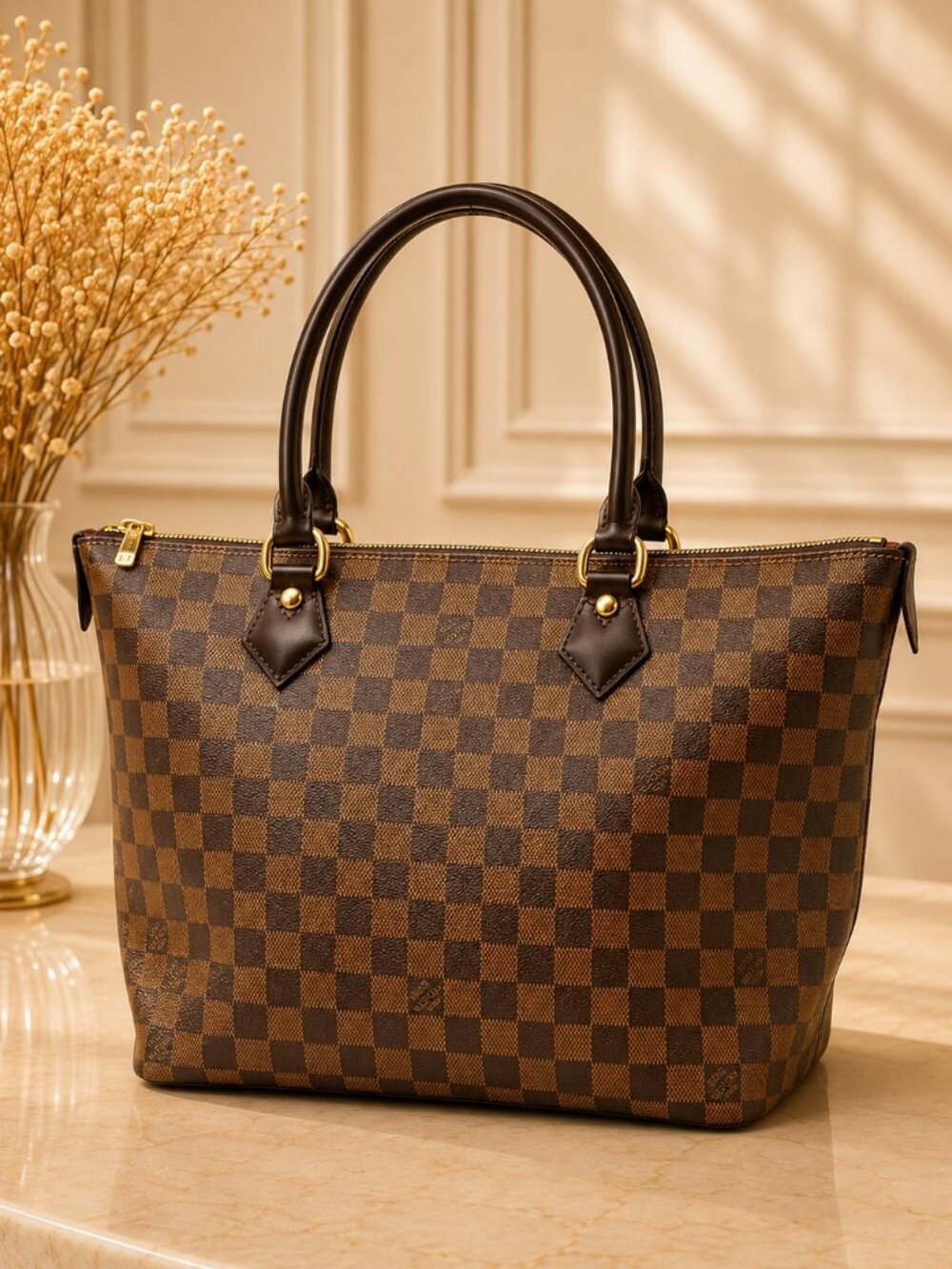 Authentic Louis Vuitton Saleya MM Damier Ebene Tote Bag Brown Shoulder Handbag